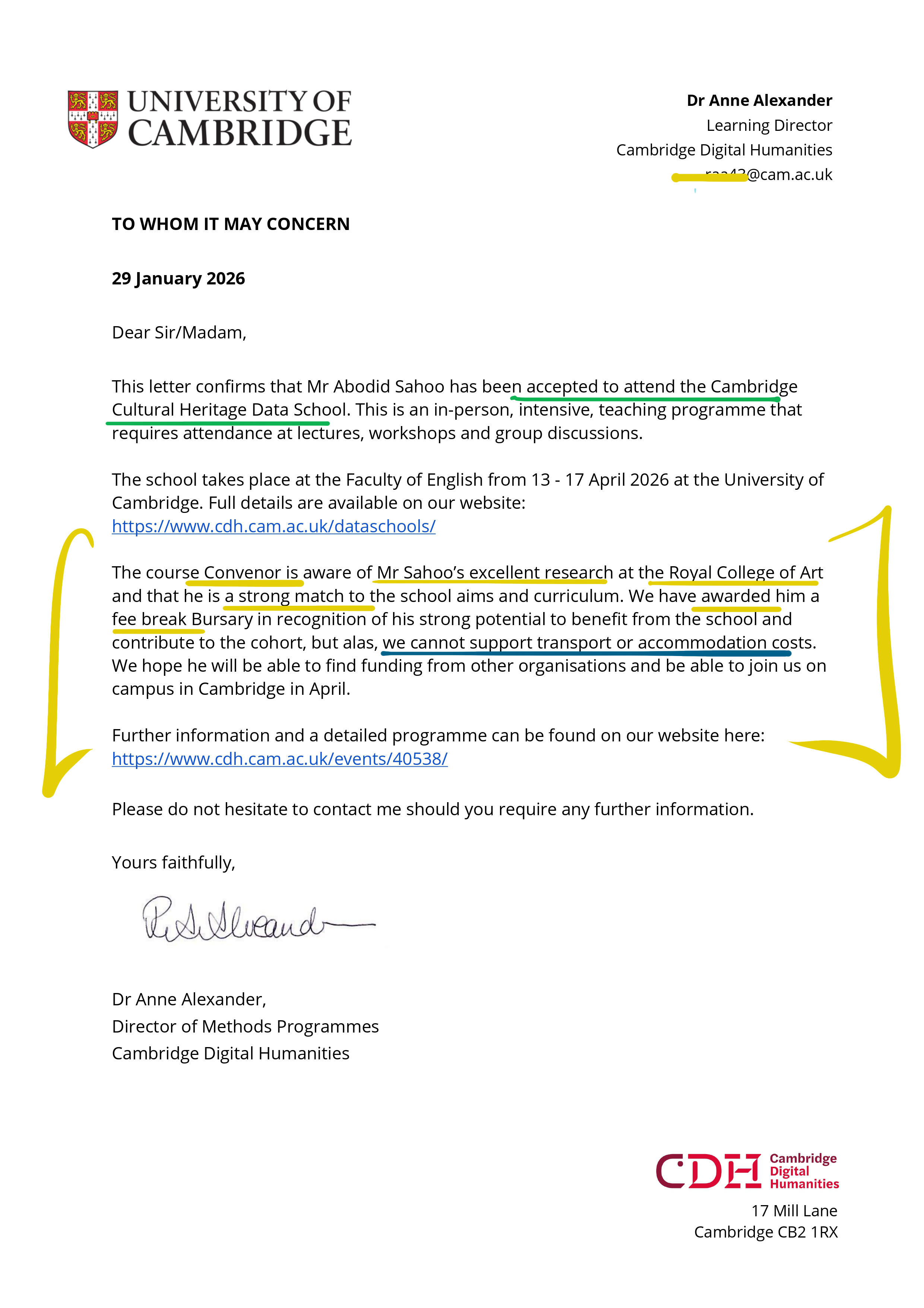 Invitation letter from Cambridge Cultural Heritage Data School